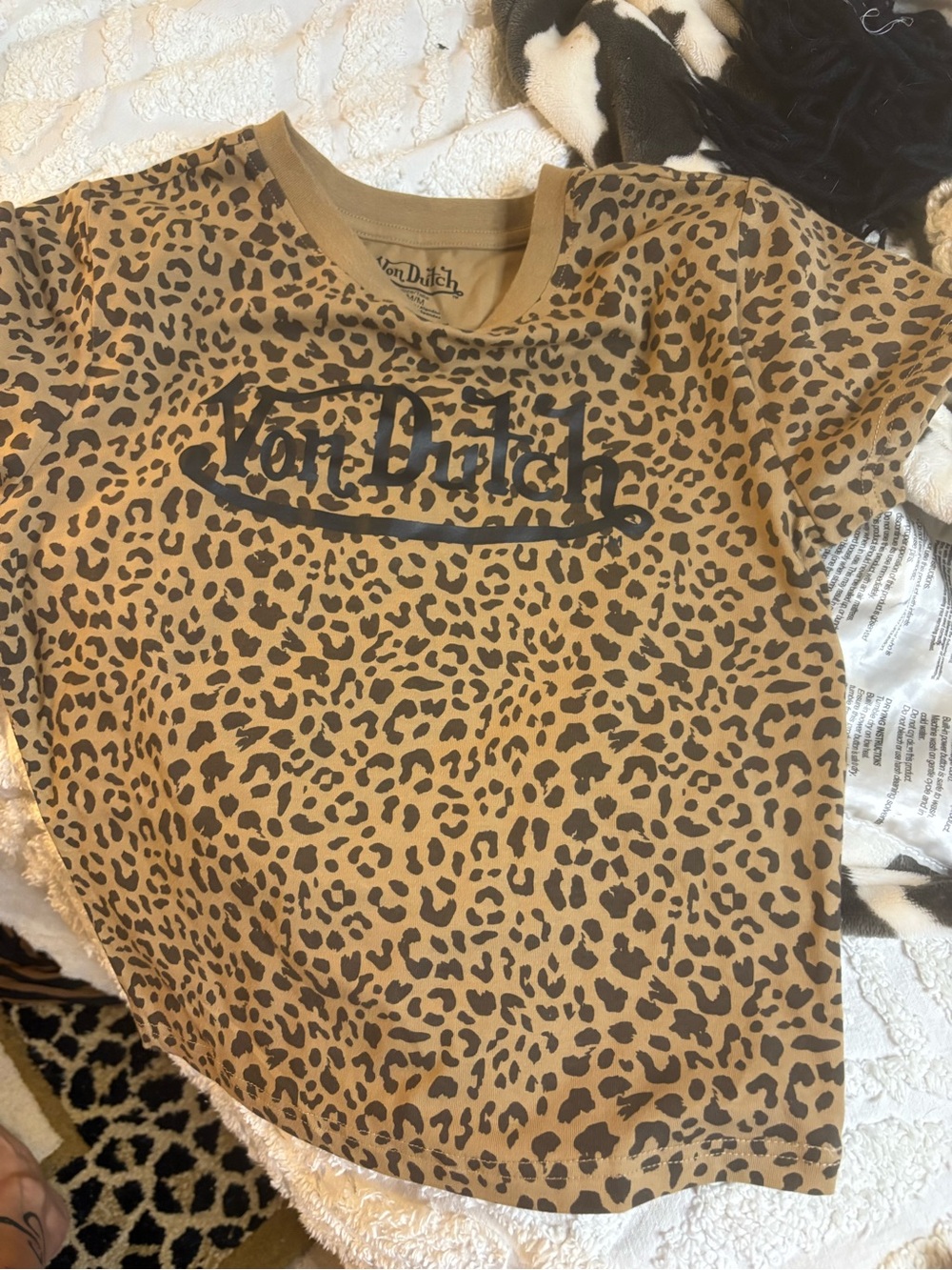 Von Dutch Leopard Print Short Sleeve Tee - Tan & Black